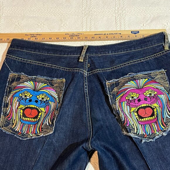 RMC Red Monkey Co. Jeans Sz 40? distress embroidery colorful dragon - Picture 1 of 9